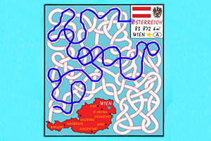 Laberinto intrincado sobre un mapa rojo de Austria con información como la bandera, el escudo y la capital, Viena