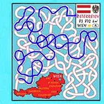 Laberinto intrincado sobre un mapa rojo de Austria con información como la bandera, el escudo y la capital, Viena