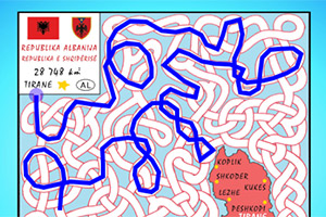 Laberinto enredado con líneas azules sobre un fondo de camino rojo, incluyendo una sección de texto y banderas de Albania