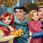 Cuatro personajes animados abrazándose en un parque con árboles otoñales y edificios altos al fondo