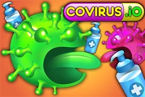 Virus verde animado con apariencia de caricatura y lengua afuera, rodeado de botes de jabón y otro virus rosa en el fondo