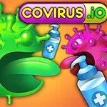 Virus verde animado con apariencia de caricatura y lengua afuera, rodeado de botes de jabón y otro virus rosa en el fondo