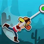 Un personaje de dibujos animados con sombrero lanza un objeto circular con un palo en un paisaje desértico con cactus