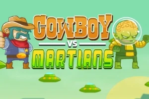 Un vaquero animado y un marciano verde se enfrentan sobre el texto COWBOY VS MARTIANS, con platillos voladores en el fondo