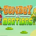 Un vaquero animado y un marciano verde se enfrentan sobre el texto COWBOY VS MARTIANS, con platillos voladores en el fondo