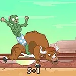 Un zombi con pantalones cortos azules montando un toro dentro de un corral, con un sombrero de vaquero volando en el aire y una ecuación 5+1 al frente