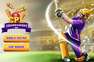 Jugador de cricket con uniforme morado golpeando la pelota en un campo iluminado, con un logotipo de torneo y opciones de juego a la izquierda