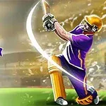 Jugador de cricket con uniforme morado golpeando la pelota en un campo iluminado, con un logotipo de torneo y opciones de juego a la izquierda