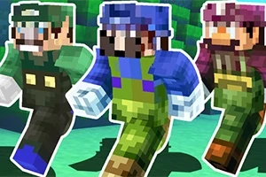 Tres personajes pixelados con trajes de colores verde, azul y morado caminando en un entorno digital