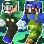 Tres personajes pixelados con trajes de colores verde, azul y morado caminando en un entorno digital