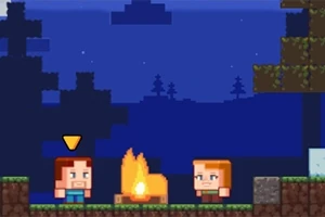 Personajes de estilo pixel art junto a una fogata en un entorno nocturno de bloques