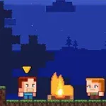 Personajes de estilo pixel art junto a una fogata en un entorno nocturno de bloques