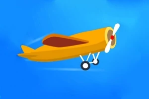 Avión de juguete amarillo volando con hélice blanca sobre un fondo azul