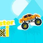 Un taxi monstruo amarillo con grandes llantas se presenta sobre un fondo con una pirámide y palmeras