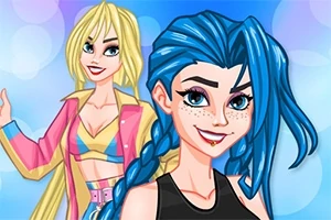 Dos personajes animados con cabellos vibrantes, uno rubio y otro azul, posan felices contra un fondo colorido