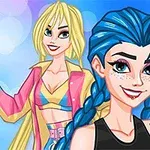 Dos personajes animados con cabellos vibrantes, uno rubio y otro azul, posan felices contra un fondo colorido