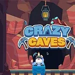 Un personaje con barba en un vagón minero frente a un letrero colorido que dice Crazy Caves en una cueva