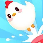 Gallina blanca caricaturizada saltando sobre un champiñón rojo con un fondo azul