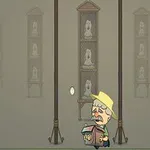 Personaje de dibujos animados mayor con sombrero amarillo y libro, en un ambiente con pilares y cuadros de fantasmas