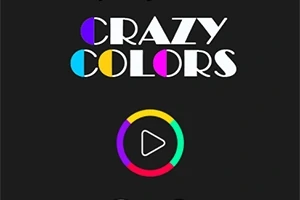 Texto CRAZY COLORS en letras blancas con círculos de colores y un botón de reproducción multicolor sobre fondo negro
