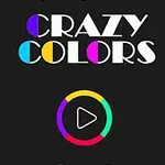 Texto CRAZY COLORS en letras blancas con círculos de colores y un botón de reproducción multicolor sobre fondo negro