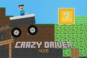 Un personaje cúbico conduciendo un vehículo sobre un paisaje pixelado con un bloque de interrogación en el cielo