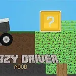 Un personaje cúbico conduciendo un vehículo sobre un paisaje pixelado con un bloque de interrogación en el cielo