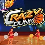 Dos animadoras con pompones en una cancha de baloncesto con un letrero que dice Crazy Dunk y una pelota de baloncesto en llamas acercándose a la canasta