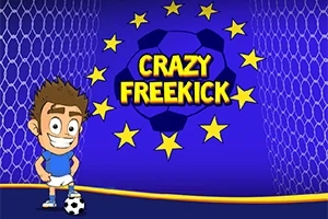 Un personaje animado sonriente con uniforme de fútbol junto a un balón frente a un fondo azul con estrellas y texto Crazy Freekick