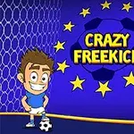 Un personaje animado sonriente con uniforme de fútbol junto a un balón frente a un fondo azul con estrellas y texto Crazy Freekick