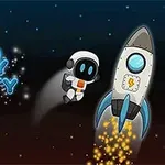 Un robot astronauta flotando en el espacio cerca de un cohete con chispas de fuego, acompañado por texto brillante