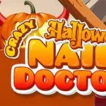 Calabaza de Halloween con texto Crazy Halloween Nail Doctor en colores vibrantes frente a una casa embrujada