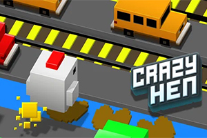 Una gallina de diseño cúbico cruza una carretera de varios carriles con automóviles en un estilo gráfico pixelado, junto al texto Crazy Hen