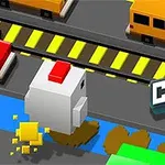 Una gallina de diseño cúbico cruza una carretera de varios carriles con automóviles en un estilo gráfico pixelado, junto al texto Crazy Hen