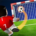 Jugador de fútbol de dibujos animados pateando un balón hacia la portería en un campo de juego