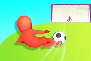 Un personaje rojo patea un balón de fútbol hacia una portería con un portero al fondo