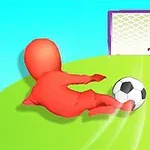 Un personaje rojo patea un balón de fútbol hacia una portería con un portero al fondo