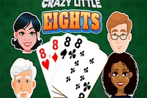 Cuatro rostros de personajes animados rodeando un conjunto de cartas con varios ochos, sobre un fondo verde