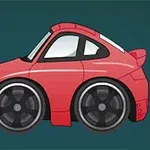Carro rojo de dibujo animado con grandes neumáticos sobre un fondo azul oscuro