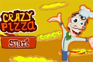 Un chef caricaturesco sonriente sostiene una pizza, rodeado de pizzas flotantes con un fondo amarillo, junto a un botón que dice Start