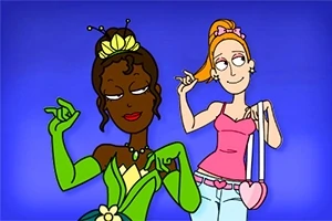 Dos personajes animados femeninos posan en un fondo azul; uno lleva un vestido verde con detalles de princesa y el otro viste una blusa rosa y jeans