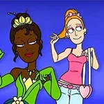 Dos personajes animados femeninos posan en un fondo azul; uno lleva un vestido verde con detalles de princesa y el otro viste una blusa rosa y jeans