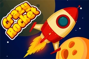 Un cohete rojo y blanco con una estela de fuego navega cerca de planetas en el espacio, con el texto Crazy Rocket en la esquina