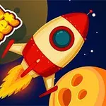 Un cohete rojo y blanco con una estela de fuego navega cerca de planetas en el espacio, con el texto Crazy Rocket en la esquina