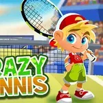 Niño rubio caricaturesco con raqueta de tenis frente a una red, con texto que dice Crazy Tennis y un fondo de estadio lleno de espectadores