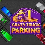 Vehículos de colores estacionados en diferentes posiciones alrededor de un logotipo púrpura y amarillo de camión sobre un fondo negro