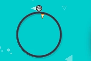 Círculo negro sobre fondo azul con una pelota en la parte superior y triángulos pequeños alrededor