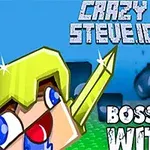 Ilustración de un personaje cuadrado con casco amarillo y espada, acompañado de texto que indica Crazy Steve io y Boss Wither