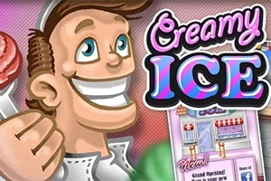 Un dibujo de un hombre sonriente sosteniendo un helado junto al texto Creamy Ice con un diseño colorido y una imagen de una tienda de helados al fondo