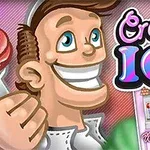 Un dibujo de un hombre sonriente sosteniendo un helado junto al texto Creamy Ice con un diseño colorido y una imagen de una tienda de helados al fondo
